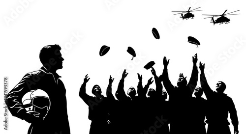 Military Pilots Celebrate Success with Helicopter Flyover and Hat Toss