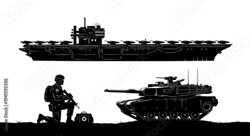 Military Power: Aircraft Carrier, Tank, and Soldier Silhouette on White Background