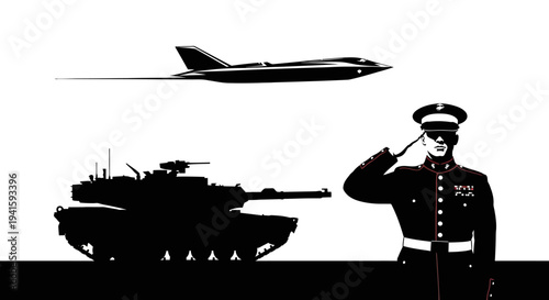 Military Power: Jet Fighter, Tank, and Soldier in Silhouette