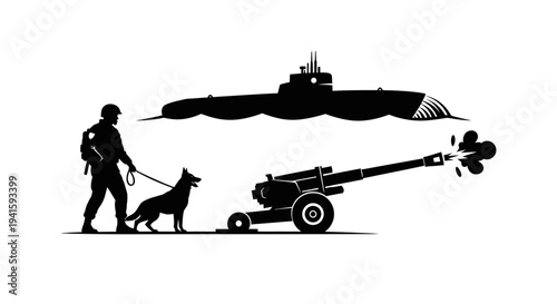 Military power: soldier, dog, artillery, and submarine illustration