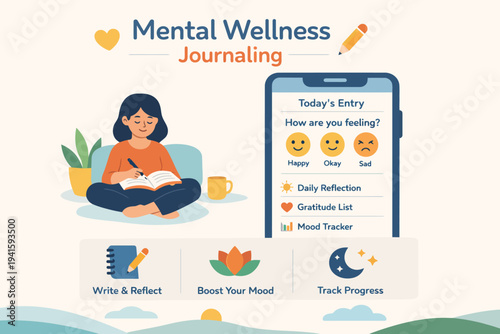 Female adult engaging in mental wellness journaling with mood tracker on smartphone