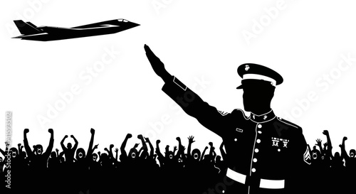 Military Salute, Jet Flyover, Cheering Crowd, Patriotism, Support, Celebration