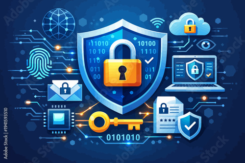Cybersecurity concept with digital lock, data protection icons, and network connections