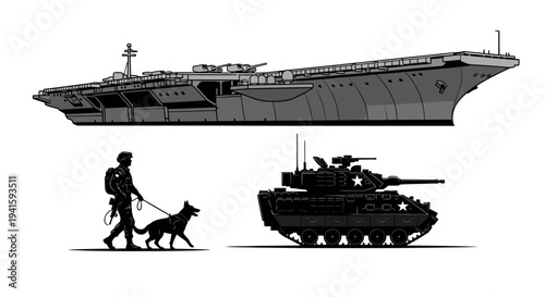 Military Scale Comparison: Aircraft Carrier, Tank, Soldier with Dog