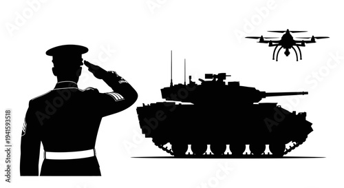 Military Salute, Tank, and Drone Silhouette: Modern Warfare and Technology