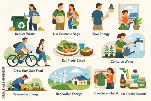 Eco-friendly lifestyle tips: reduce waste, use reusable bags, save energy, eat plant-based, conserve water