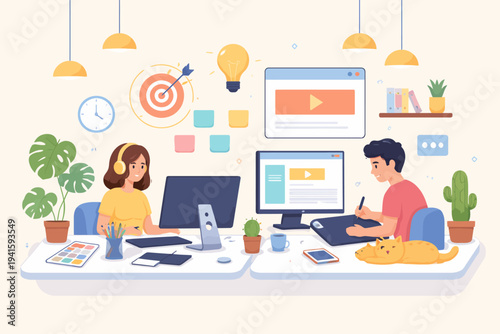 Creative workspace: young multiracial team collaborating on digital project