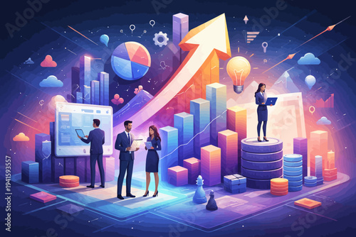 Dynamic business growth concept with diverse professionals analyzing data and trends