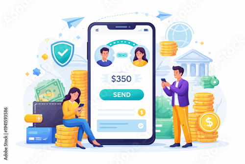 Mobile money transfer app with young adults and digital finance elements