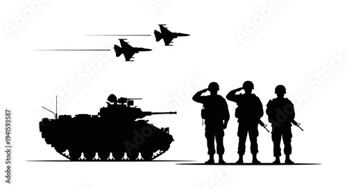 Military Silhouette: Tank, Fighter Jets, Soldiers Saluting - Power and Patriotism