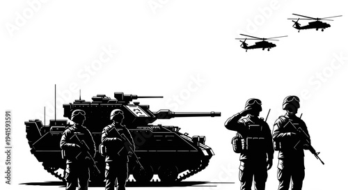 Military Silhouette: Soldiers, Tank, and Helicopters in Formation