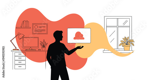 Vector illustration of man interacting with notification icon in modern workspace