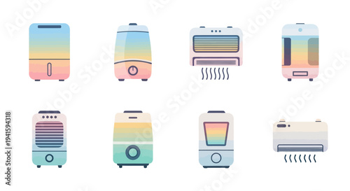 A colorful vector set of modern household air purifiers humidifiers and conditioners.