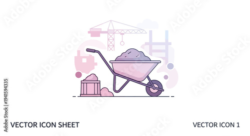 Pink wheelbarrow filled with construction materials with crane in background.