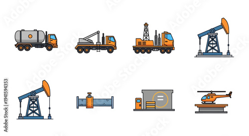 Oil Industry Equipment: Tanker Truck Crane Truck Drilling Rig Pumpjacks Pipeline Building Helicopter.