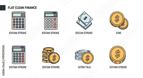 Colorful Flat Finance Icons Representing Money and Calculations.