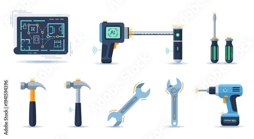 Collection of Construction and Repair Tools with Blueprint Display.