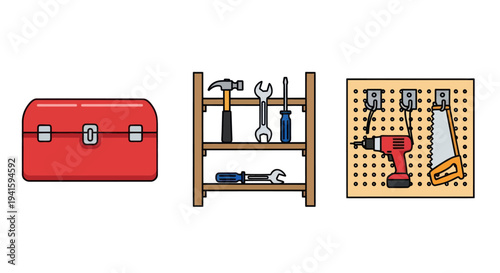 Red Toolbox Wooden Tool Rack and Pegboard with Tools.