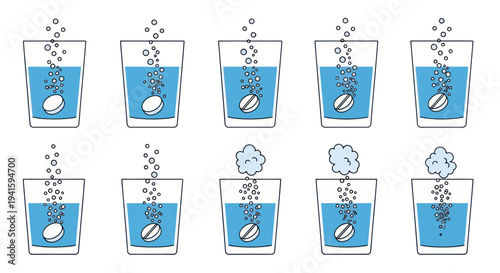 Illustrated sequence of an effervescent tablet dissolving and fizzing in a glass of water.