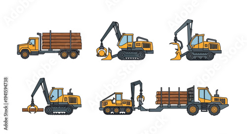 Collection of Logging and Forestry Machinery with Trucks and Excavators.