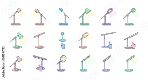 Collection of diverse modern desk lamps in line art style with pastel accents.