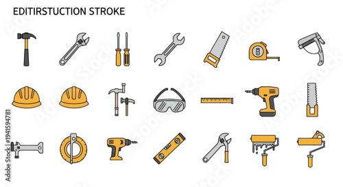 Collection of Hand-Drawn Construction and Repair Tools.