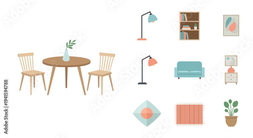 Cozy Interior Scene: Round Wooden Table with Chairs Lamp Sofa and Decorative Elements.