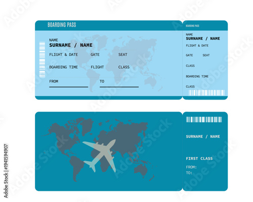 Realistic boarding pass plane ticket template. Flight boarding pass vector illustration. Blank airplane ticket isolated