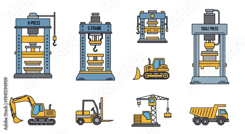 A set of colorful cartoon illustrations featuring heavy industrial machinery like presses excavators and trucks.