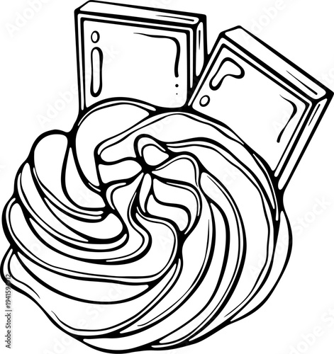 Whipped cream with chocolate bars. Dessert sweet topping for ice cream, bakery decoration, cake, festive dessert. Vector illustration in hand drawn sketch style. Line art isolated on white for print