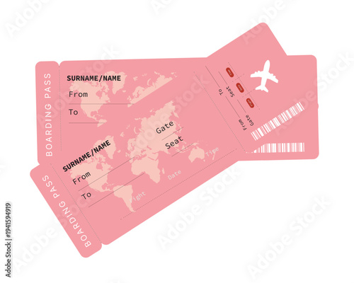 Realistic boarding pass plane ticket template. Flight boarding pass vector illustration. Blank airplane ticket isolated