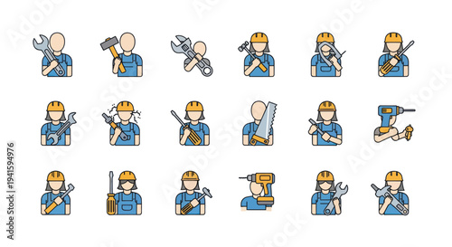 Set of colorful worker and mechanic icons holding various tools like wrenches hammers drills and screwdrivers.