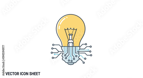 Vector icon of a yellow light bulb with an integrated circuit board base representing a smart idea.