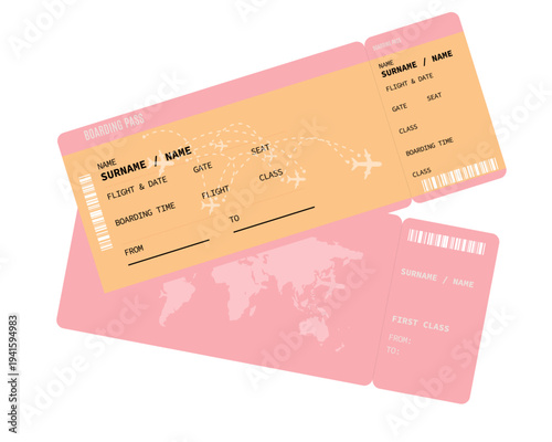 Realistic boarding pass plane ticket template. Flight boarding pass vector illustration. Blank airplane ticket isolated