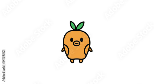 Cute cartoon orange character with smiling face and green leaves.