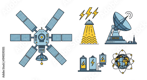 Satellite power plant radar batteries and atom icons in a vector illustration.