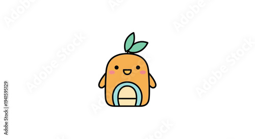 Cute cartoon orange character with smiling face and green leaf.
