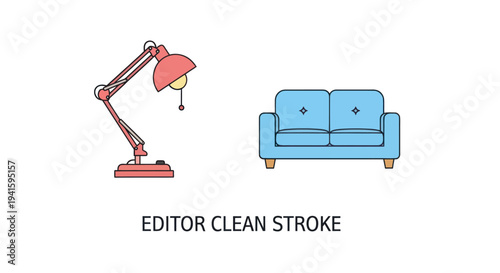 Illustrated Red Desk Lamp and Blue Two-Seater Sofa Modern Household Furniture Items.