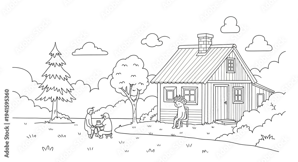 Fototapeta premium Simple black and white line drawing of a house with trees and garden.