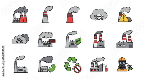 Collection of Industrial Factory and Pollution Icons.