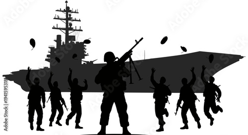 Military Soldiers Celebrating Victory with Aircraft Carrier Silhouette and Confetti