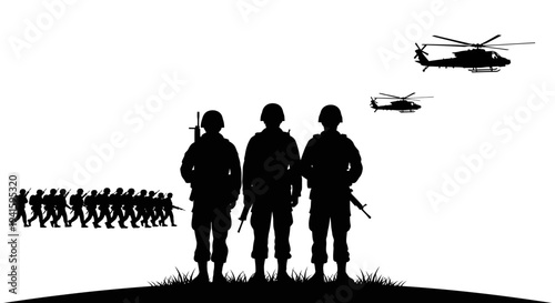 Military Soldiers and Helicopters Silhouette on White Background