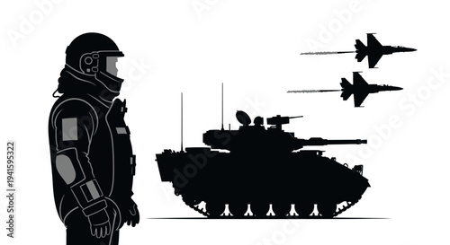 Military Soldier, Tank, and Fighter Jets Silhouette - Modern Warfare and Air Force Concept