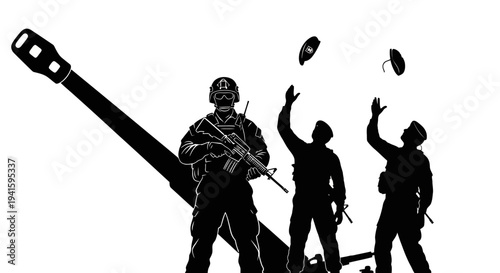 Military Soldiers Juggling Grenades Near Artillery Cannon Silhouette