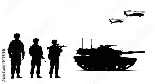 Military Soldiers, Tank, and Helicopters Silhouette - Combat Ready
