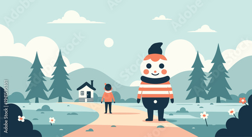 Cartoon snowman standing on a path in a serene winter landscape with trees and mountains.