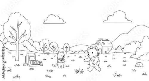 Children playing together in a rural landscape with farm and trees.