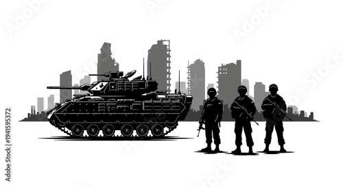 Military Tank and Soldiers in Destroyed Cityscape - War Aftermath