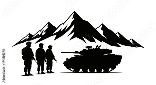 Military Tank and Soldiers Silhouette Against Snowy Mountain Peaks