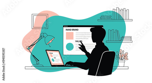 Vector illustration of a person working on a laptop with data analysis and graphs